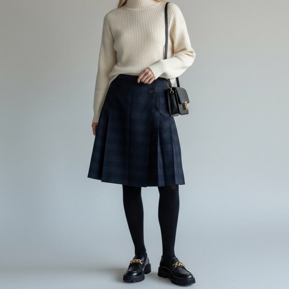 Paul Smith 100% Virgin Wool Pleated Wrap Skirt Women's 44 (Sz M) Blue Striped